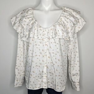 Something Navy white floral ruffle long sleeve button up shirt XL